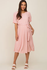 Pink Crinkle Knit Tie Waist Short Sleeve Maternity Dress