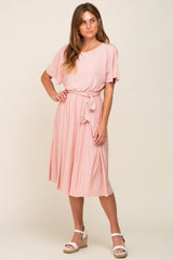 Pink Crinkle Knit Tie Waist Short Sleeve Maternity Dress