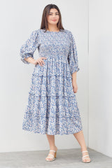 Blue Floral Smocked Ruffle Tiered Plus Midi Dress