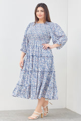 Blue Floral Smocked Ruffle Tiered Plus Midi Dress