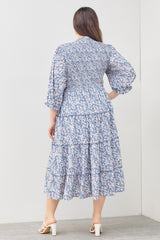 Blue Floral Smocked Ruffle Tiered Plus Midi Dress