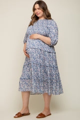 Blue Floral Smocked Ruffle Tiered Maternity Plus Midi Dress