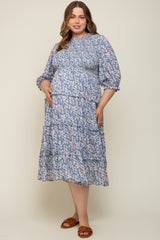 Blue Floral Smocked Ruffle Tiered Maternity Plus Midi Dress