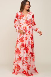 Red Brush Stroke Print Chiffon Maternity Maxi Dress