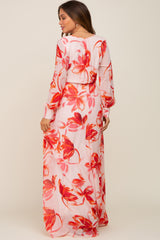 Red Brush Stroke Print Chiffon Maternity Maxi Dress