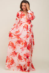 Red Brush Stroke Print Chiffon Maternity Maxi Dress