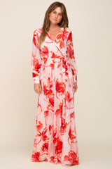 Red Brush Stroke Print Chiffon Maxi Dress