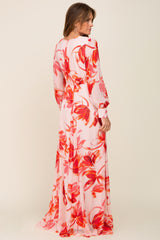 Red Brush Stroke Print Chiffon Maxi Dress