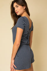 Navy White Stripe Back Twist Romper