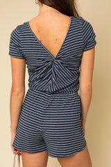 Navy White Stripe Back Twist Romper