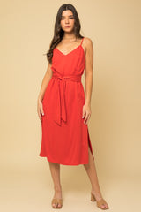 Red Tie Waist Smocked Back Midi Cami Dress