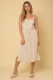 Beige Sleeveless Side Pocket Linen Midi Dress