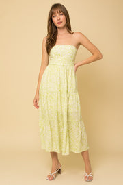 Lime.Abstract Sleeveless Back Smocked Tiered Tube Dress