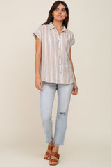 Beige Striped Linen Button Down Short Sleeve Top