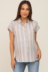 Beige Striped Linen Button Down Short Sleeve Maternity Top