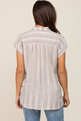 Beige Striped Linen Button Down Short Sleeve Maternity Top