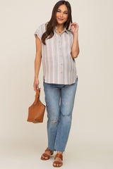 Beige Striped Linen Button Down Short Sleeve Maternity Top