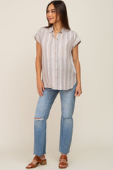 Beige Striped Linen Button Down Short Sleeve Maternity Top