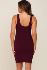 Burgundy Ribbed Sleeveless Lettuce Hem Maternity Dress