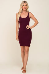 Burgundy Ribbed Sleeveless Lettuce Hem Dress