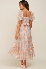 Orange Floral Shimmer Sweetheart Neck Front Cutout Maternity Midi Dress