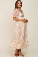 Yellow Floral Shimmer Sweetheart Neck Front Cutout Maternity Midi Dress