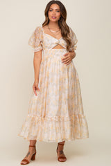 Yellow Floral Shimmer Sweetheart Neck Front Cutout Maternity Midi Dress