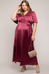 Burgundy Satin Wrap Plus Maternity/Nursing Dress