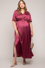 Burgundy Satin Wrap Plus Maternity/Nursing Dress