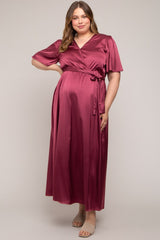 Burgundy Satin Wrap Plus Maternity/Nursing Dress