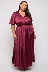 Burgundy Satin Wrap Plus Maternity/Nursing Dress