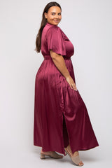 Burgundy Satin Wrap Plus Nursing Dress