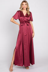 Burgundy Satin Wrap Maternity/Nursing Dress