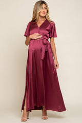 Burgundy Satin Wrap Maternity/Nursing Dress