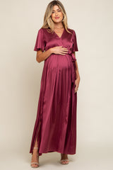 Burgundy Satin Wrap Maternity/Nursing Dress