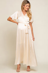 Beige Satin Wrap Maternity/Nursing Dress