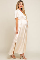 Beige Satin Wrap Maternity/Nursing Dress