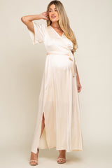 Beige Satin Wrap Maternity/Nursing Dress