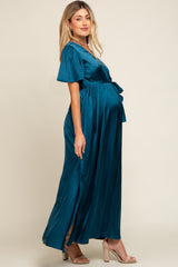 Teal Satin Wrap Maternity/Nursing Dress