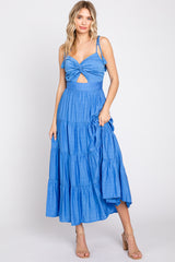 Royal Blue Front Knot Twist Cutout Tassel Tie Maternity Midi Dress