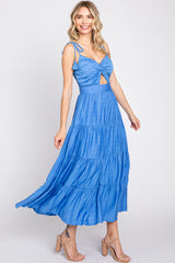 Royal Blue Front Knot Twist Cutout Tassel Tie Midi Dress