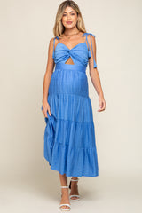 Royal Blue Front Knot Twist Cutout Tassel Tie Maternity Midi Dress