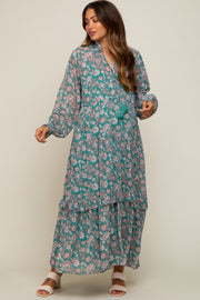 Jade Floral Chiffon Ruffle Trim Button Front Long Sleeve Maternity Midi Dress