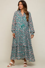 Jade Floral Chiffon Ruffle Trim Button Front Long Sleeve Maternity Midi Dress