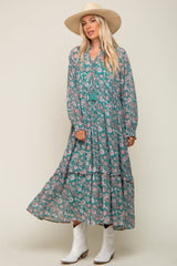 Jade Floral Chiffon Ruffle Trim Button Front Long Sleeve Midi Dress