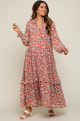 Rust Floral Chiffon Ruffle Trim Button Front Long Sleeve Maternity Midi Dress