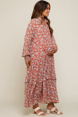 Rust Floral Chiffon Ruffle Trim Button Front Long Sleeve Maternity Midi Dress