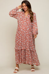 Rust Floral Chiffon Ruffle Trim Button Front Long Sleeve Maternity Midi Dress