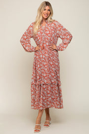 Rust Floral Chiffon Ruffle Trim Button Front Long Sleeve Midi Dress