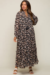 Black Floral Chiffon Ruffle Trim Button Front Long Sleeve Maternity Midi Dress